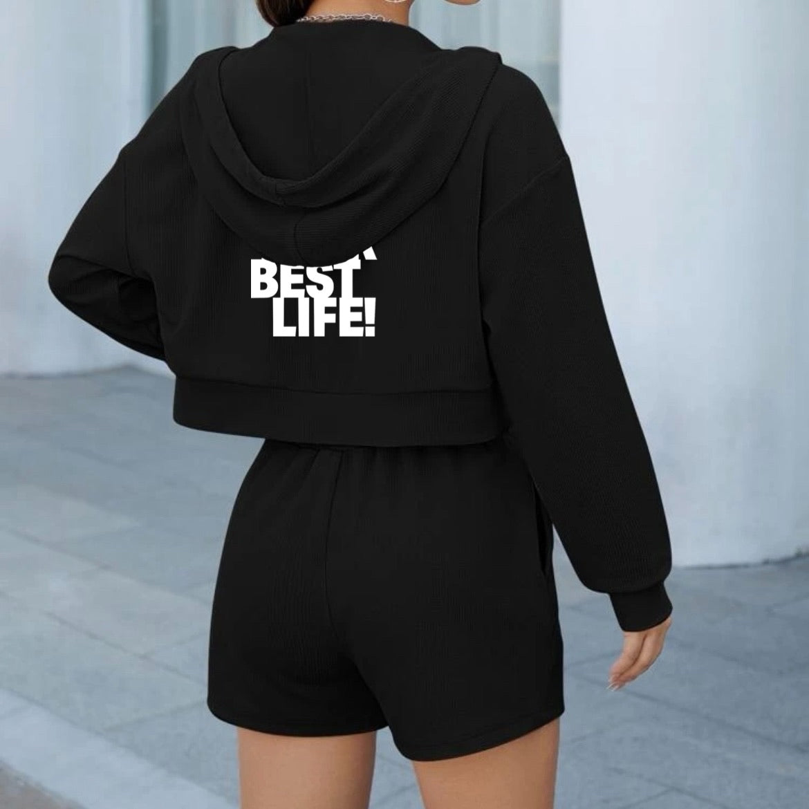Women's Zip Up Drop Shoulder Drawstring Hoodie & Shorts Black