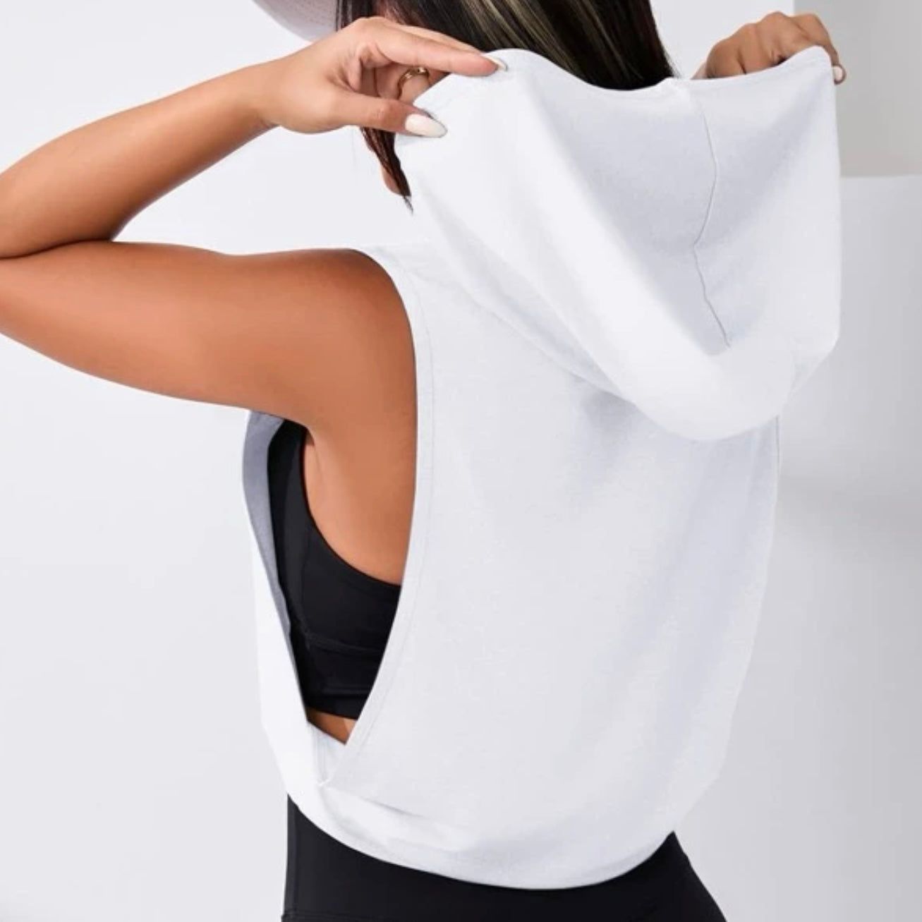 Women’s Cut-Out Drawstring Sports Hoodie White on White