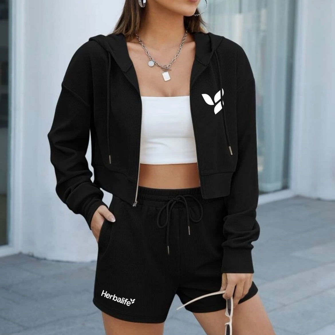 Women's Zip Up Drop Shoulder Drawstring Hoodie & Shorts Black