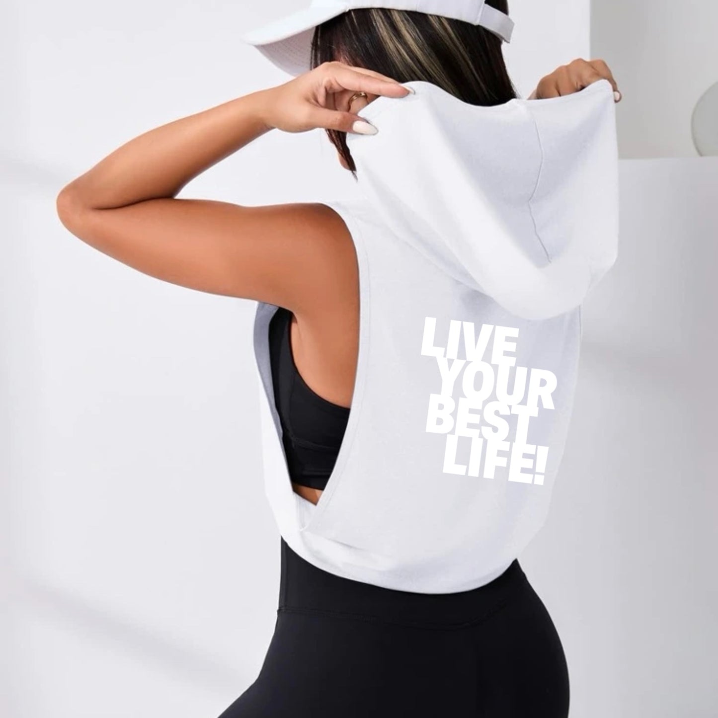 Women’s Cut-Out Drawstring Sports Hoodie White on White