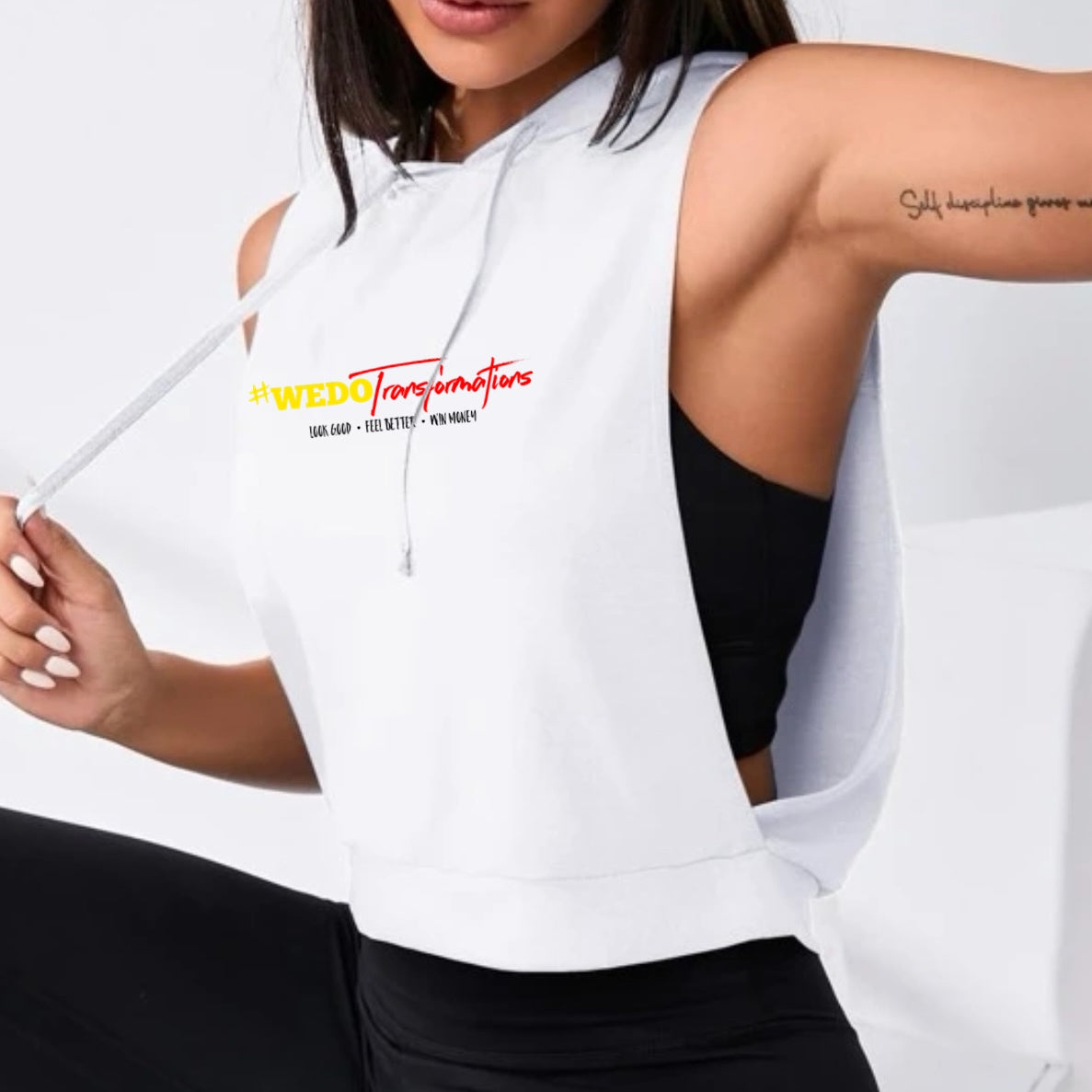Women’s Cut-Out Drawstring Sports Hoodie White on White