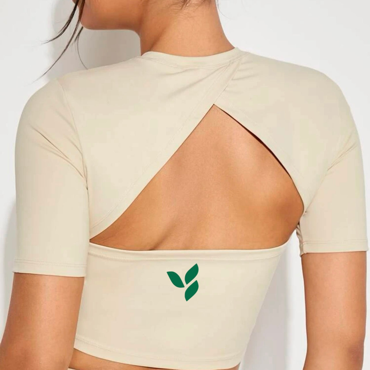 Women's Solid Backless Crop Sports Tee Beige