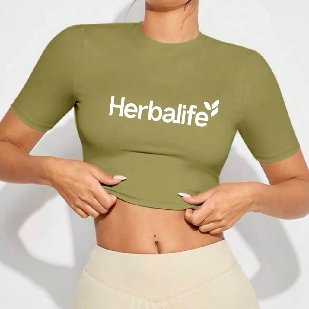 Women's Solid Backless Crop Sports Tee Olive Green