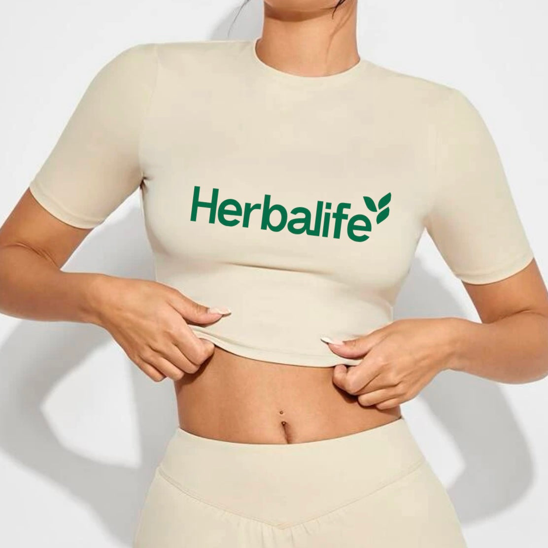 Women's Solid Backless Crop Sports Tee Beige