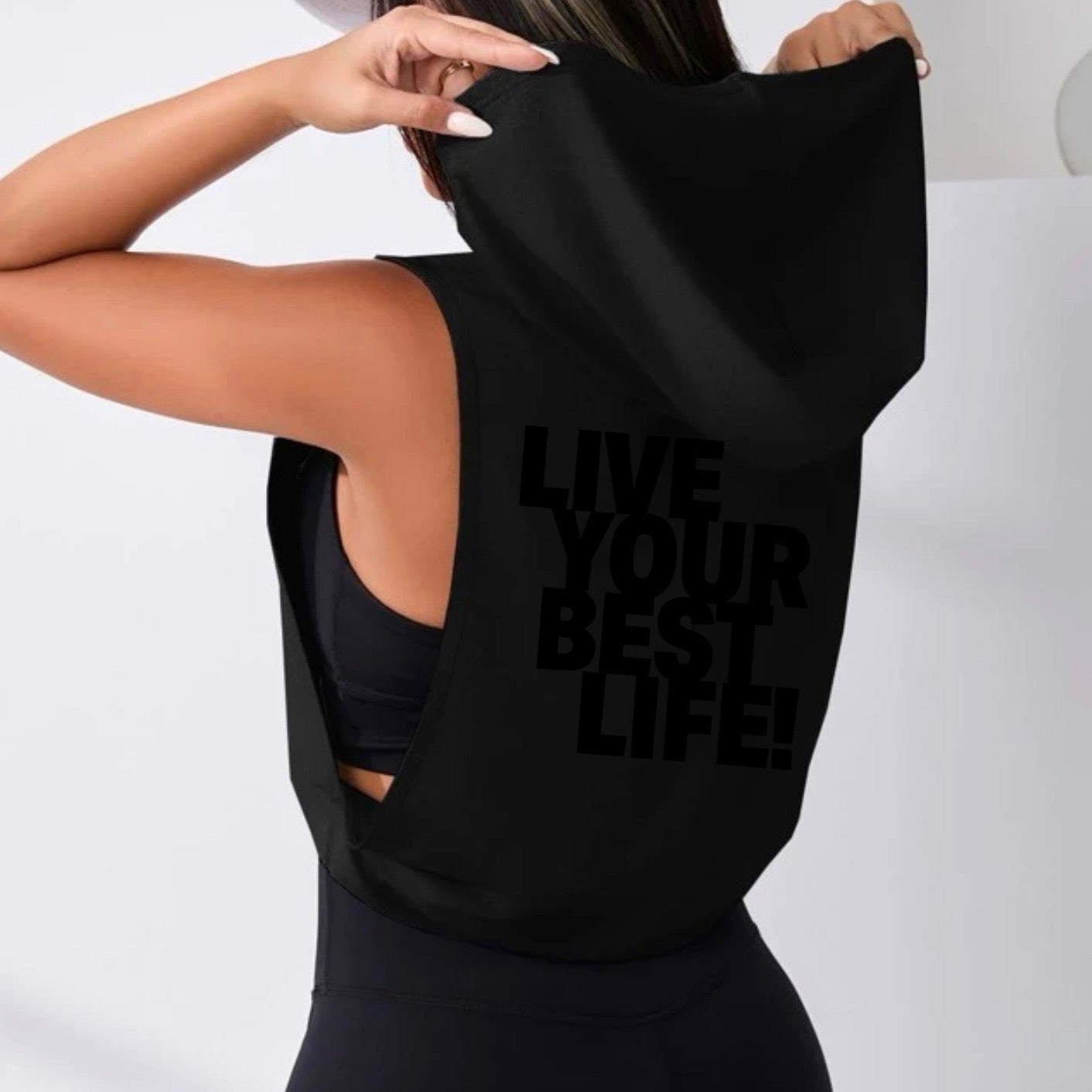 Women’s Cut-Out Drawstring Sports Hoodie Black on Black