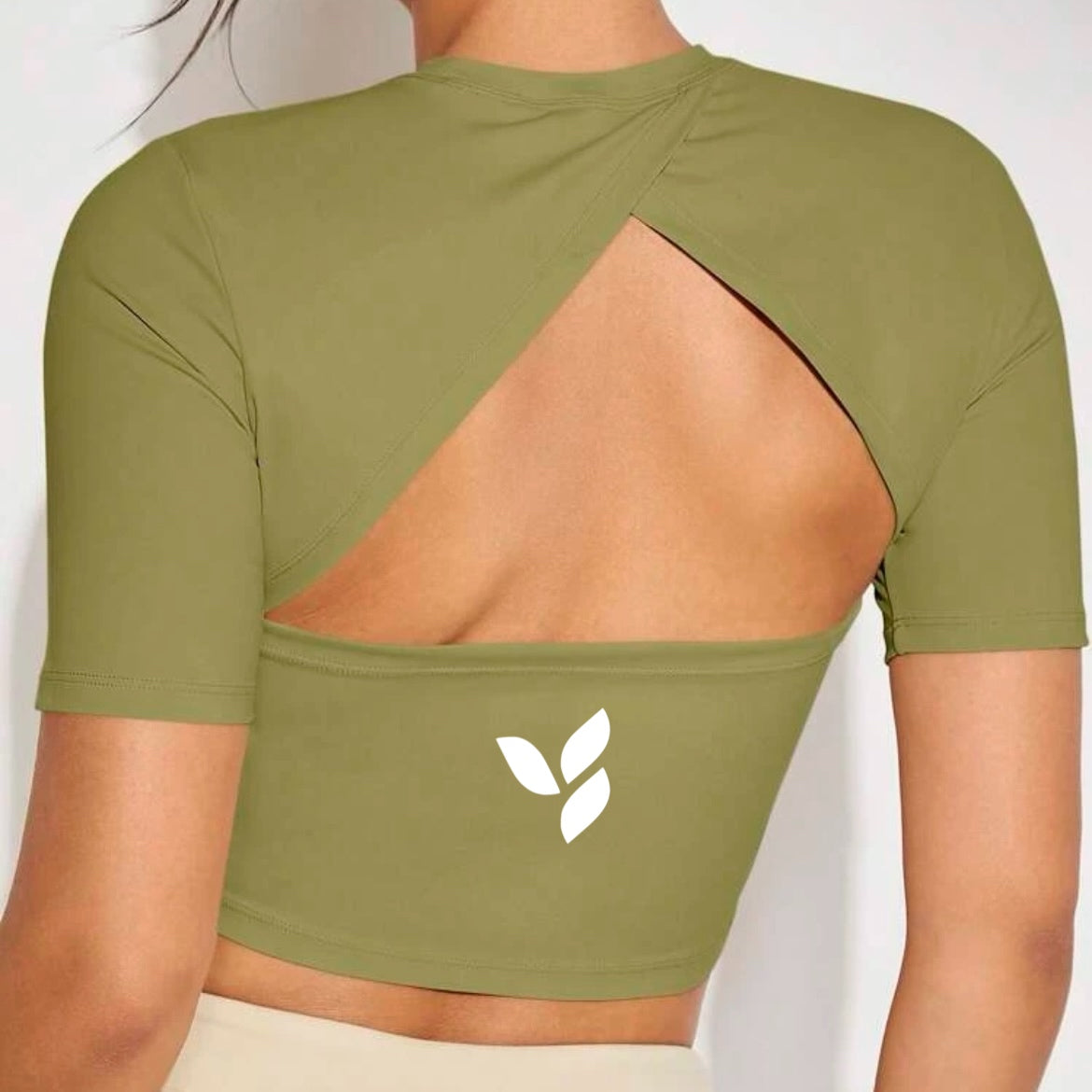 Women's Solid Backless Crop Sports Tee Olive Green